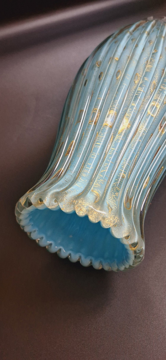 Image 1 of 50'S Alfredo Barbini Murano Glass Opaline Large Vase With Controlled Bubbles And Gold Leaves 