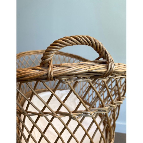 Image 1 of Vintage rattan cradle on wheels, France 1950
