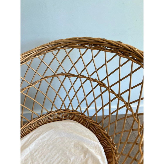 Image 1 of Vintage rattan cradle on wheels, France 1950