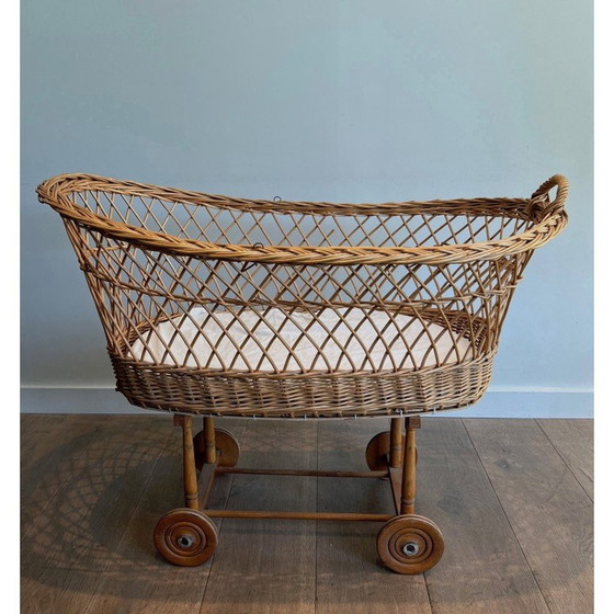 Image 1 of Vintage rattan cradle on wheels, France 1950