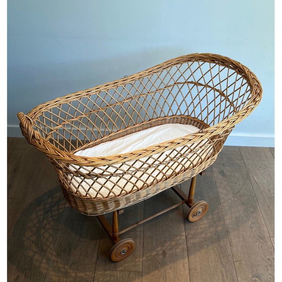 Image 1 of Vintage rattan cradle on wheels, France 1950
