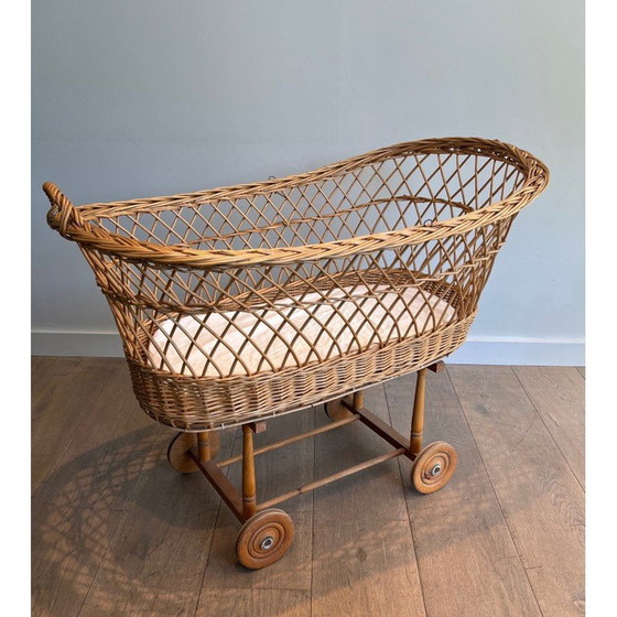 Image 1 of Vintage rattan cradle on wheels, France 1950
