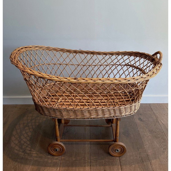 Image 1 of Vintage rattan cradle on wheels, France 1950