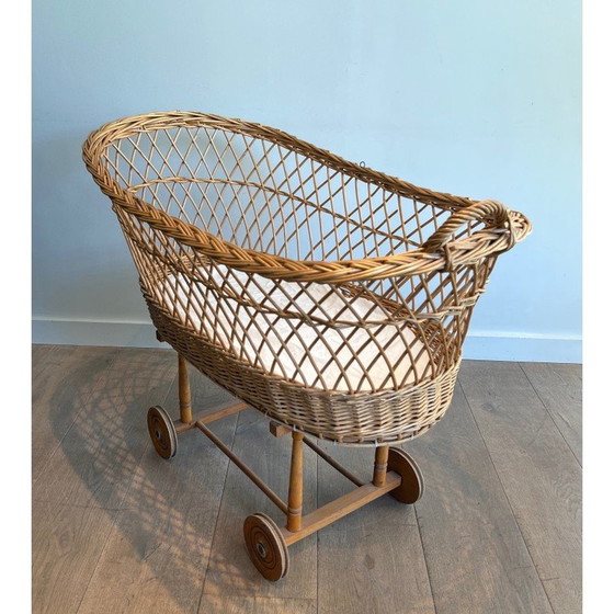 Image 1 of Vintage rattan cradle on wheels, France 1950