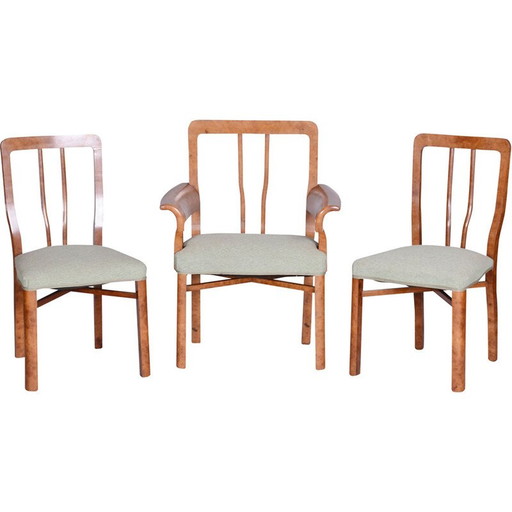 Set of 3 vintage Art Deco armchairs in beech veneer, Czechoslovakia 1930