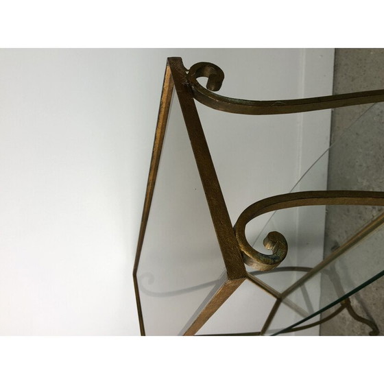 Image 1 of Vintage magazine rack in gilded wrought iron and glass top, 1950