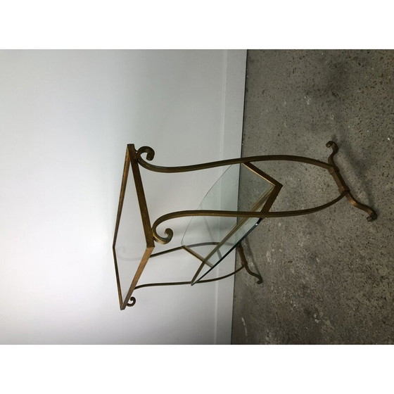 Image 1 of Vintage magazine rack in gilded wrought iron and glass top, 1950