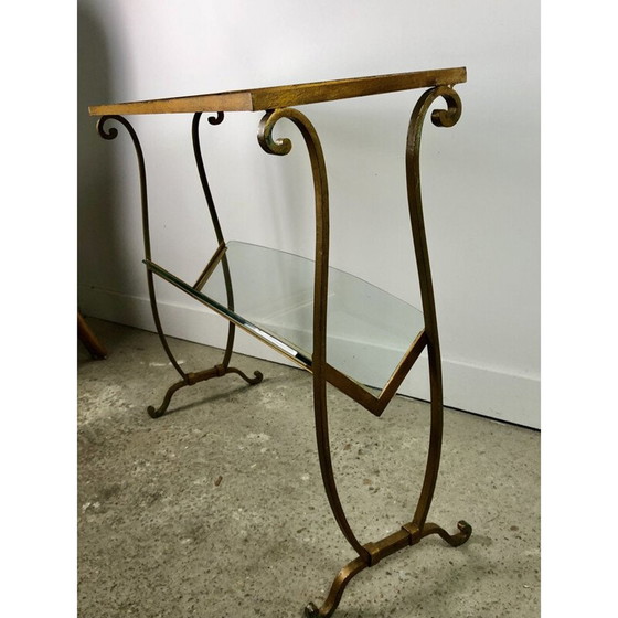 Image 1 of Vintage magazine rack in gilded wrought iron and glass top, 1950