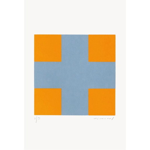 Vintage silkscreen print "A cross for four squares" by Aurélie Nemours, 1991