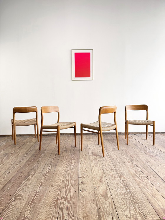 Image 1 of Mid-Century Danish Model 75 Chairs in Oak by Niels O. Møller for JL Møllers Furniture Factory, 1950s, Set of 4