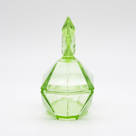 Image 1 of Art Déco Crystal Uranium Glass Toiletry Parfum Flacon & Lid-Box Set Antique Chic