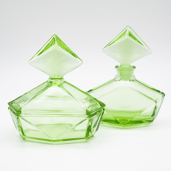 Image 1 of Art Déco Crystal Uranium Glass Toiletry Parfum Flacon & Lid-Box Set Antique Chic