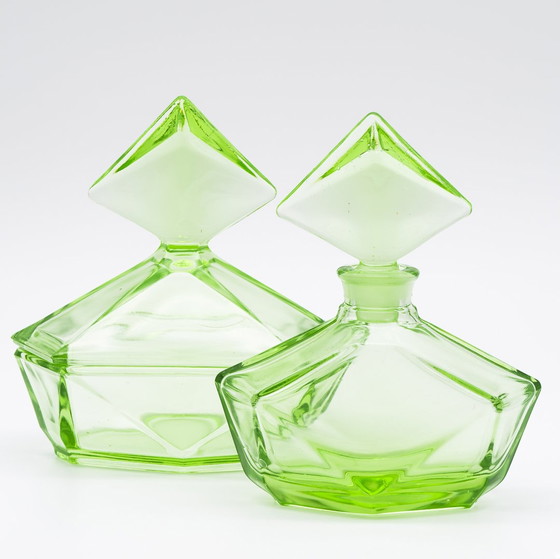 Image 1 of Art Déco Crystal Uranium Glass Toiletry Parfum Flacon & Lid-Box Set Antique Chic