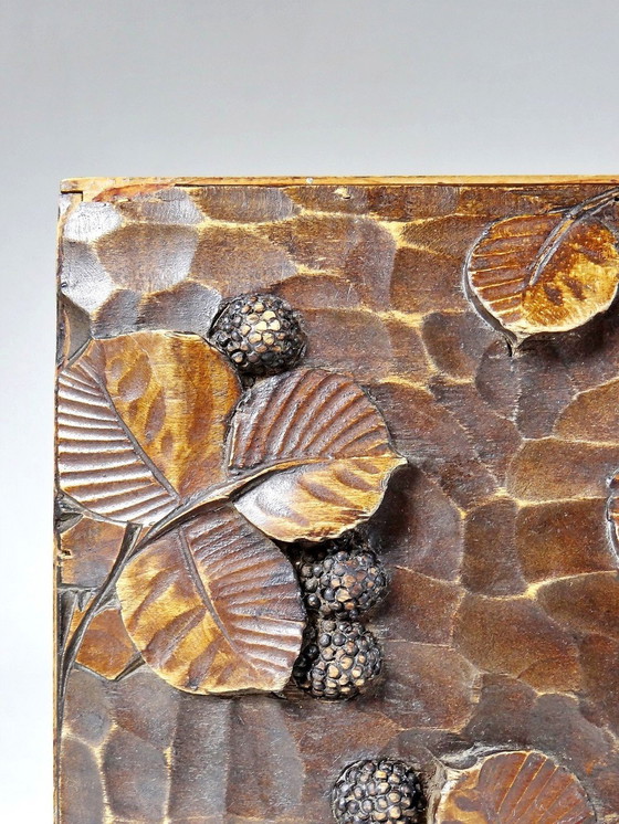 Image 1 of Antique Mulberry Leaf And Fruit Relief Carved Wooden Box