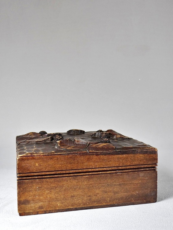 Image 1 of Antique Mulberry Leaf And Fruit Relief Carved Wooden Box