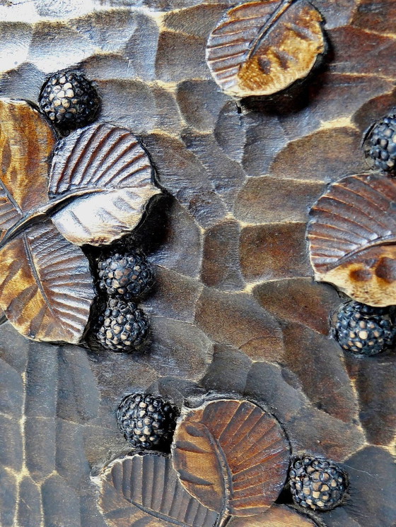 Image 1 of Antique Mulberry Leaf And Fruit Relief Carved Wooden Box