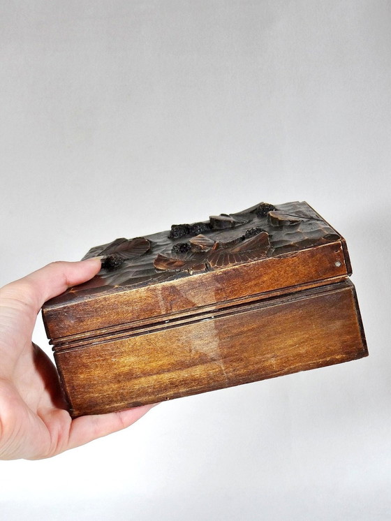 Image 1 of Antique Mulberry Leaf And Fruit Relief Carved Wooden Box