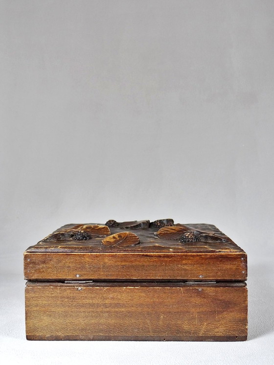 Image 1 of Antique Mulberry Leaf And Fruit Relief Carved Wooden Box