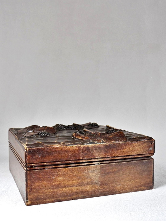 Image 1 of Antique Mulberry Leaf And Fruit Relief Carved Wooden Box