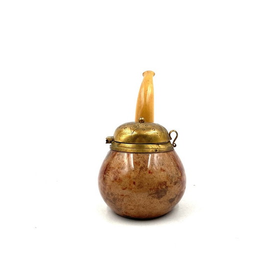 Image 1 of Vintage parchment and brass tobacco tin in the shape of a pipe by Aldo Tura, Italy 1950