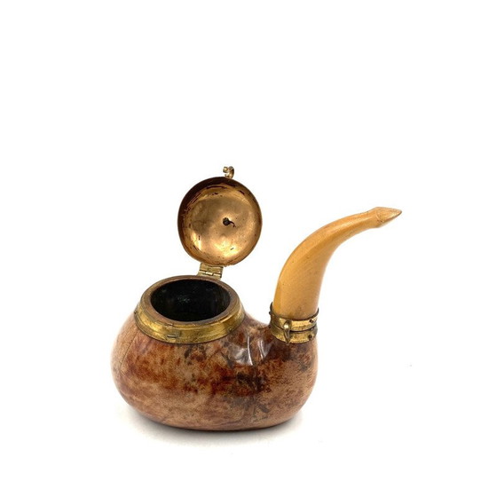 Image 1 of Vintage parchment and brass tobacco tin in the shape of a pipe by Aldo Tura, Italy 1950