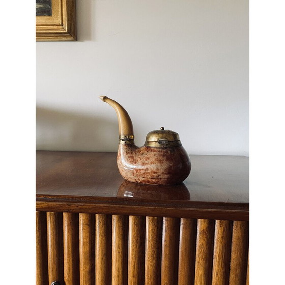 Image 1 of Vintage parchment and brass tobacco tin in the shape of a pipe by Aldo Tura, Italy 1950