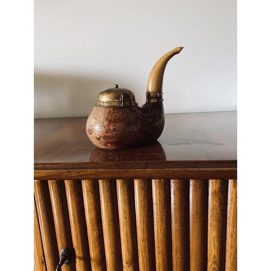 Image 1 of Vintage parchment and brass tobacco tin in the shape of a pipe by Aldo Tura, Italy 1950