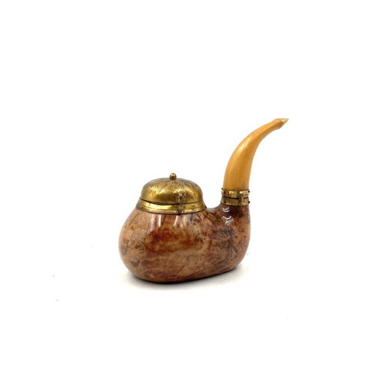 Image 1 of Vintage parchment and brass tobacco tin in the shape of a pipe by Aldo Tura, Italy 1950