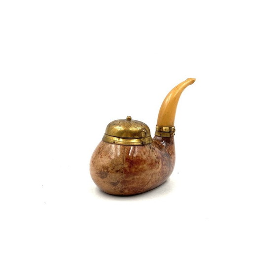 Image 1 of Vintage parchment and brass tobacco tin in the shape of a pipe by Aldo Tura, Italy 1950