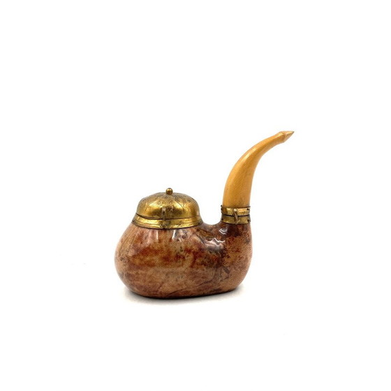 Image 1 of Vintage parchment and brass tobacco tin in the shape of a pipe by Aldo Tura, Italy 1950