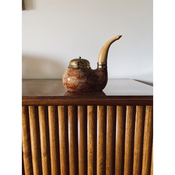 Image 1 of Vintage parchment and brass tobacco tin in the shape of a pipe by Aldo Tura, Italy 1950