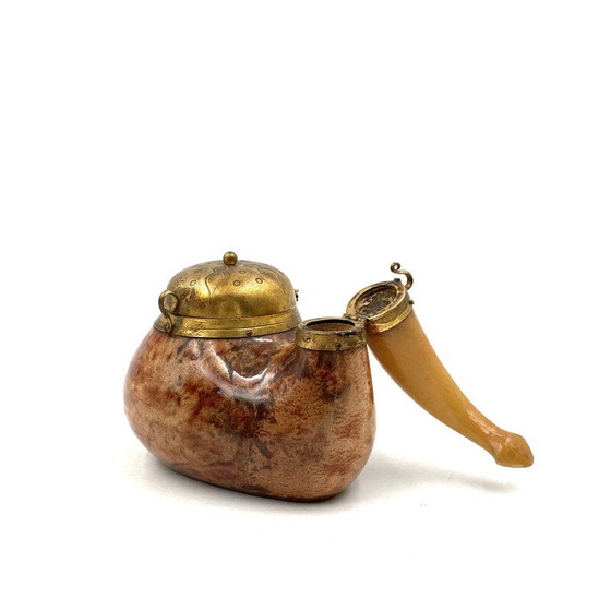 Image 1 of Vintage parchment and brass tobacco tin in the shape of a pipe by Aldo Tura, Italy 1950
