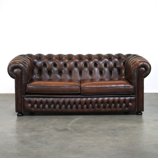 Dark brown cowhide leather English 2.5 seater Chesterfield sofa