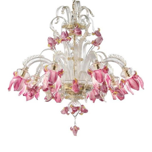 Contemporary Venetian Pink Floral Murano Glass Chandelier