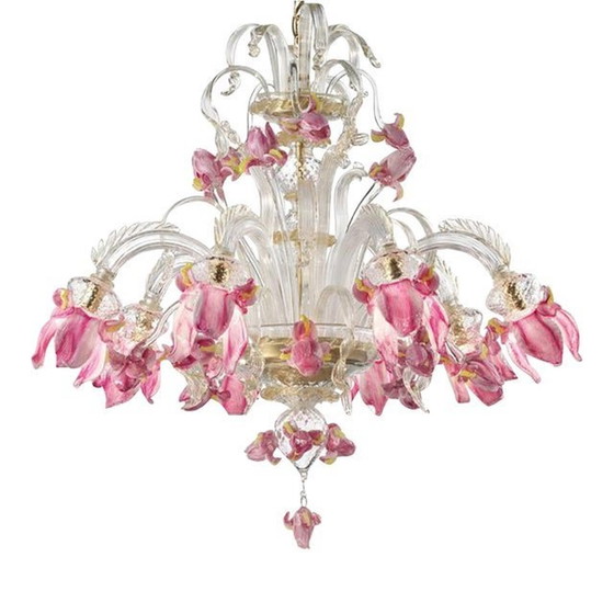 Image 1 of Contemporary Venetian Pink Floral Murano Glass Chandelier