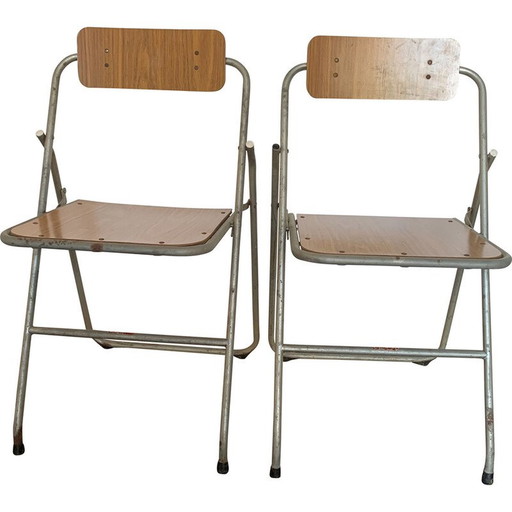 Pair of vintage German metal and wood folding chairs, 1960-1970