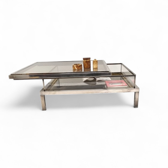 Image 1 of French Maison Jansen sliding coffee table in chrome and brass