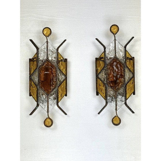 Image 1 of Pair of vintage Murano glass and metal wall lamp for Poliarte, Italy 1970