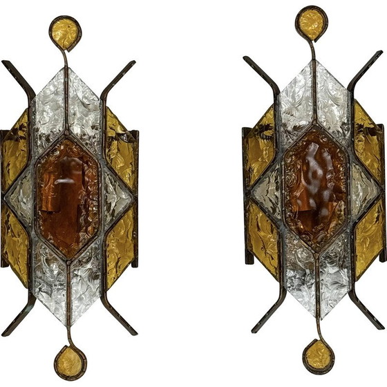 Image 1 of Pair of vintage Murano glass and metal wall lamp for Poliarte, Italy 1970