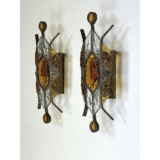 Image 1 of Pair of vintage Murano glass and metal wall lamp for Poliarte, Italy 1970