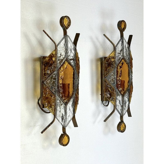 Image 1 of Pair of vintage Murano glass and metal wall lamp for Poliarte, Italy 1970