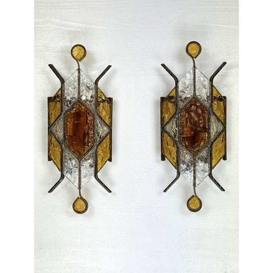 Image 1 of Pair of vintage Murano glass and metal wall lamp for Poliarte, Italy 1970