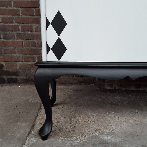 Image 1 of Buffet Cabinet Serving Cabinet Wall Cabinet Display Cabinet White With Black Diamonds Vintage Restyled