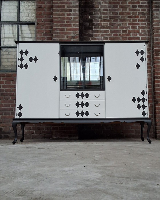 Image 1 of Buffet Cabinet Serving Cabinet Wall Cabinet Display Cabinet White With Black Diamonds Vintage Restyled