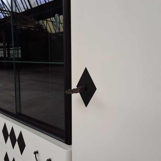 Image 1 of Buffet Cabinet Serving Cabinet Wall Cabinet Display Cabinet White With Black Diamonds Vintage Restyled