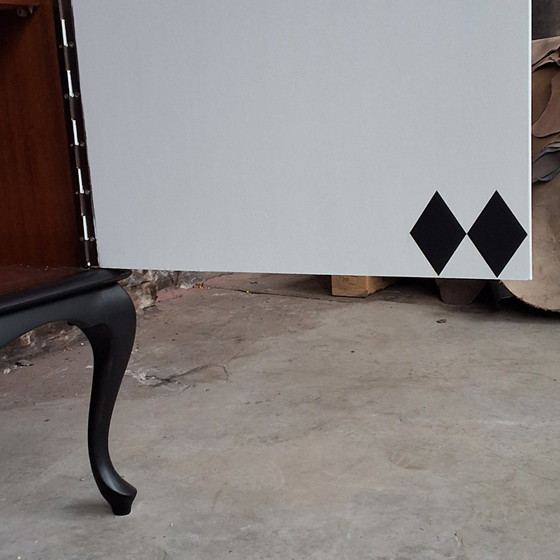 Image 1 of Buffet Cabinet Serving Cabinet Wall Cabinet Display Cabinet White With Black Diamonds Vintage Restyled