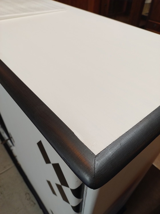 Image 1 of Buffet Cabinet Serving Cabinet Wall Cabinet Display Cabinet White With Black Diamonds Vintage Restyled