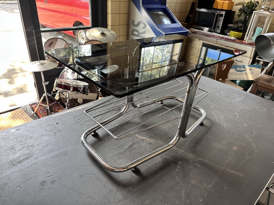 Image 1 of Extraordinary Coffee Table With Chrome Base Brown Smoked Glass Top