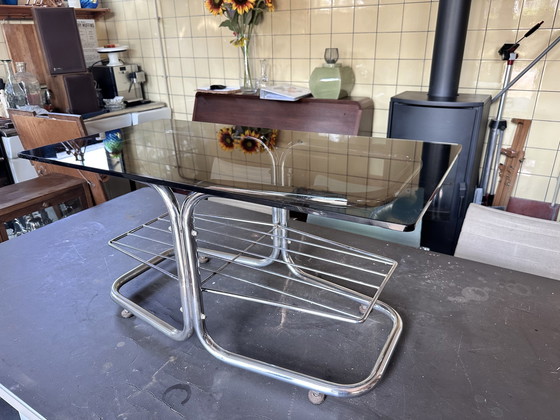 Image 1 of Extraordinary Coffee Table With Chrome Base Brown Smoked Glass Top