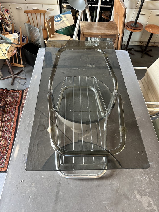 Image 1 of Extraordinary Coffee Table With Chrome Base Brown Smoked Glass Top